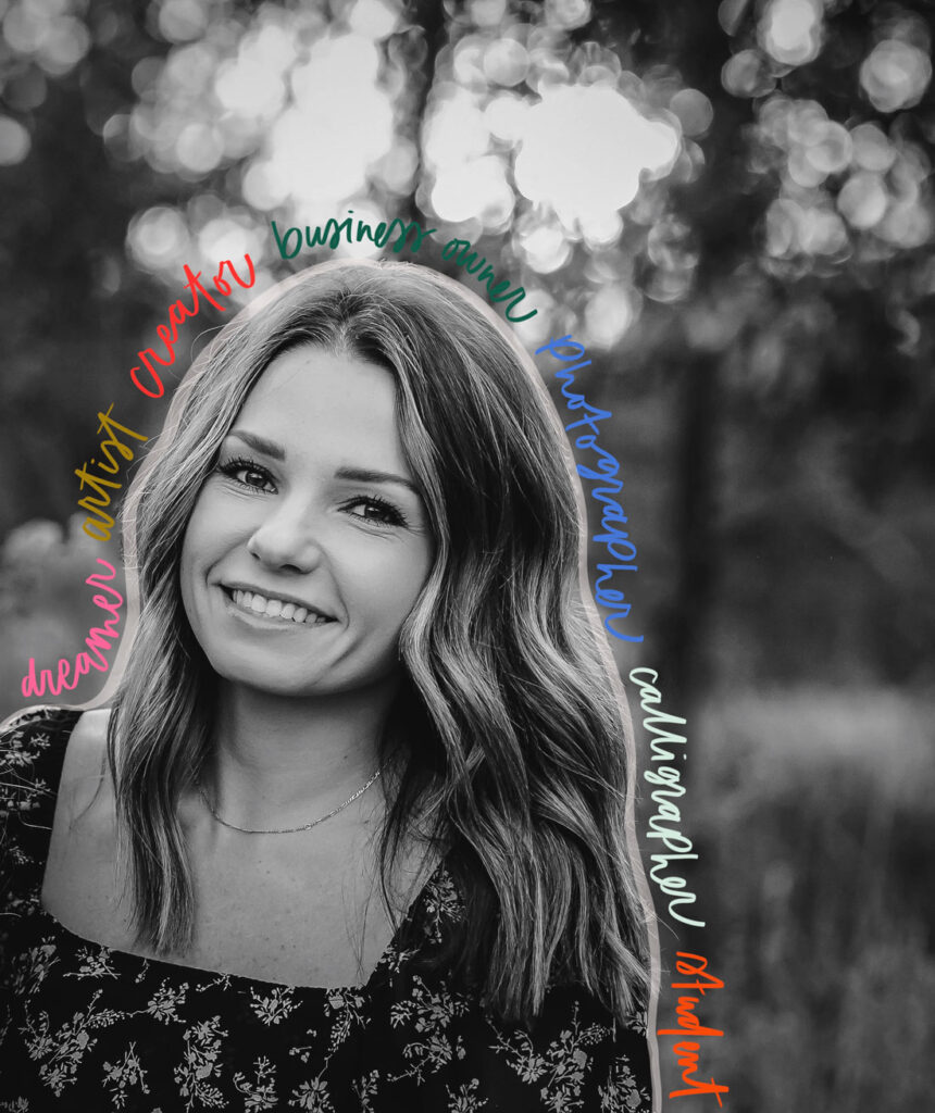 jenna holtschulte black and white headshot with hand lettering accents